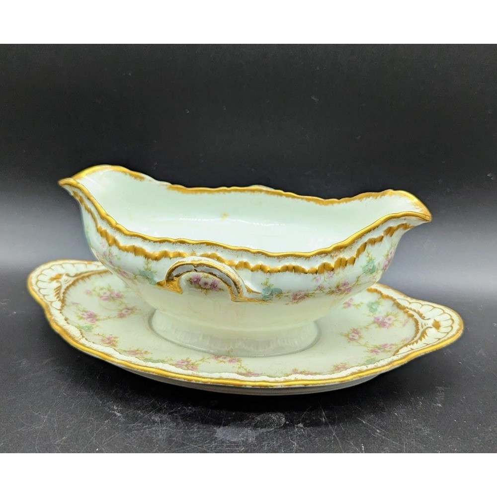 Antique Haviland Limoges Schleiger 844 Gravy Sauce Boat W Attached Underplate 9"